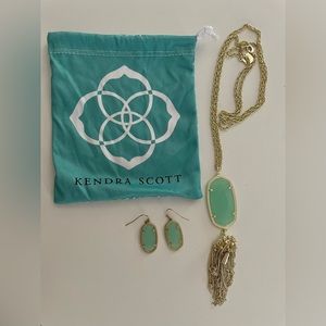 Kendra Scott Rayne Long Pendant Necklace And Earrings in Seafoam Green /Gold